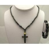 Hematite Cross Pendant Chain Choker Necklace and Bracelet Jewelry Set